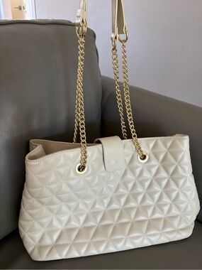 Italian Leather Cream Quilted Tote with Gold Chain Straps